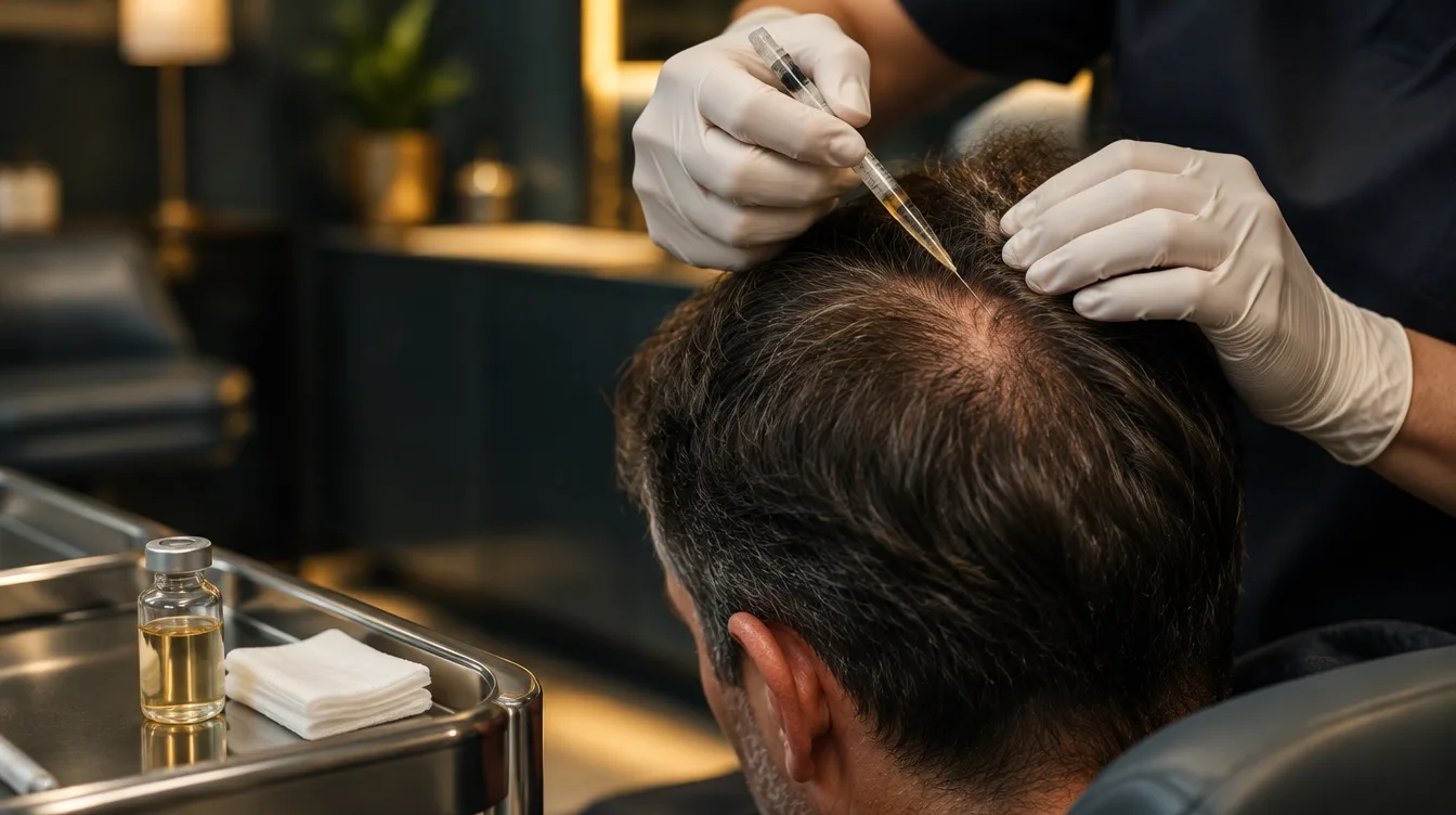 Clinician injecting regenerative treatment into a thinning scalp