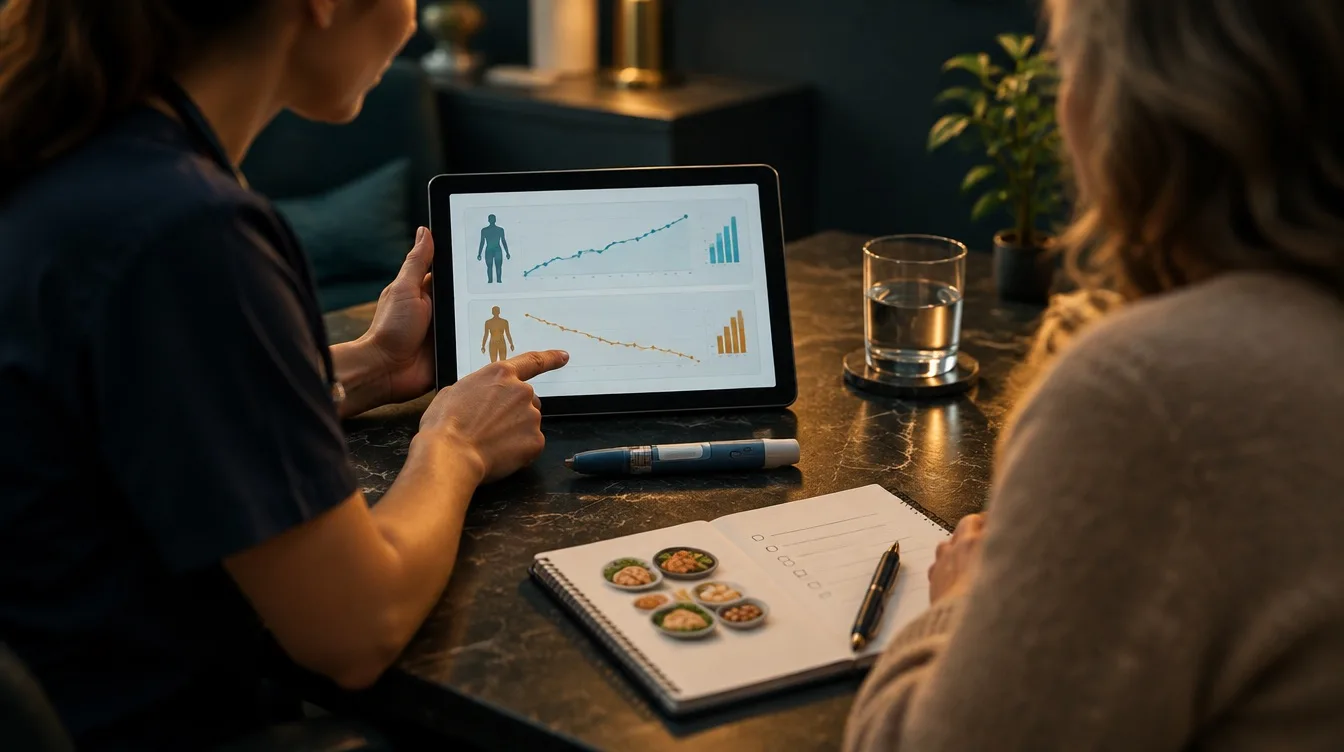Clinician reviewing body-composition trends with a patient during a medical weight-loss program